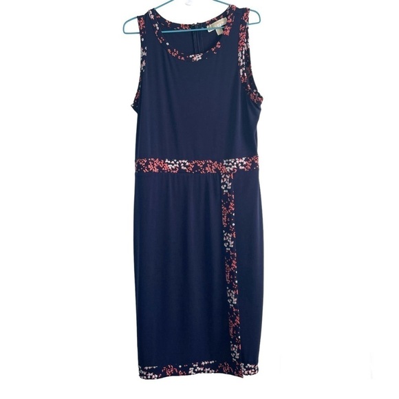 Michael Kors Border Print Faux Wrap Dress Navy Blue and Pink Floral Jersey Knit - Picture 2 of 9